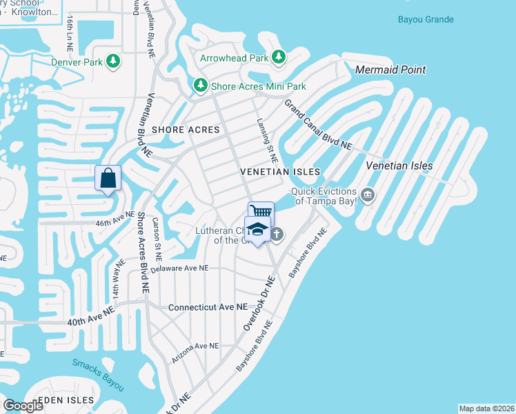 map of restaurants, bars, coffee shops, grocery stores, and more near 4610 Chancellor Street Northeast in St. Petersburg