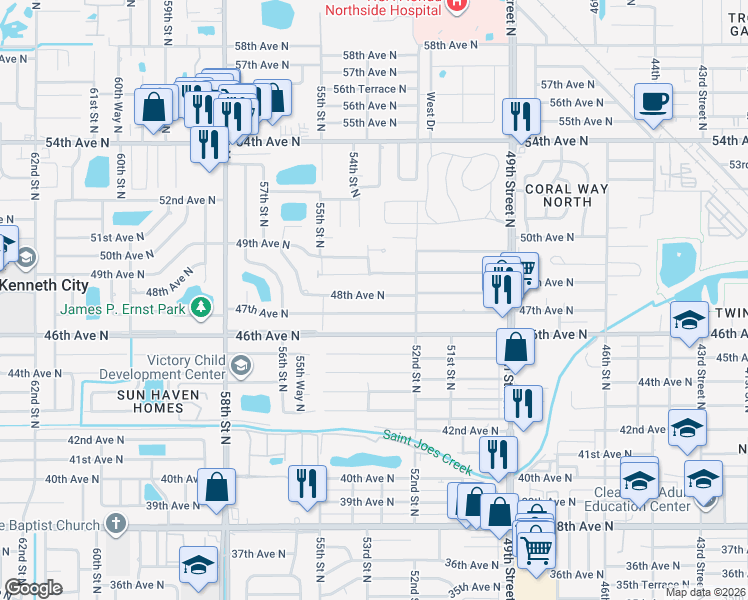 map of restaurants, bars, coffee shops, grocery stores, and more near 5277 47th Avenue North in St. Petersburg