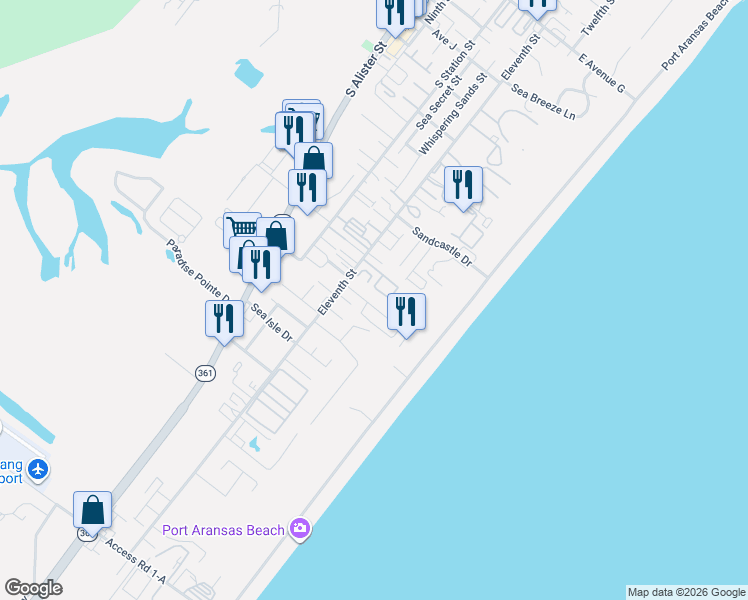 map of restaurants, bars, coffee shops, grocery stores, and more near 2024 Sand Point Circle in Port Aransas