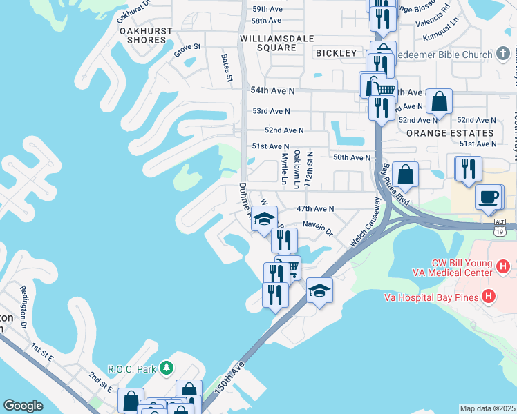map of restaurants, bars, coffee shops, grocery stores, and more near 4611 Duhme Road in St. Petersburg