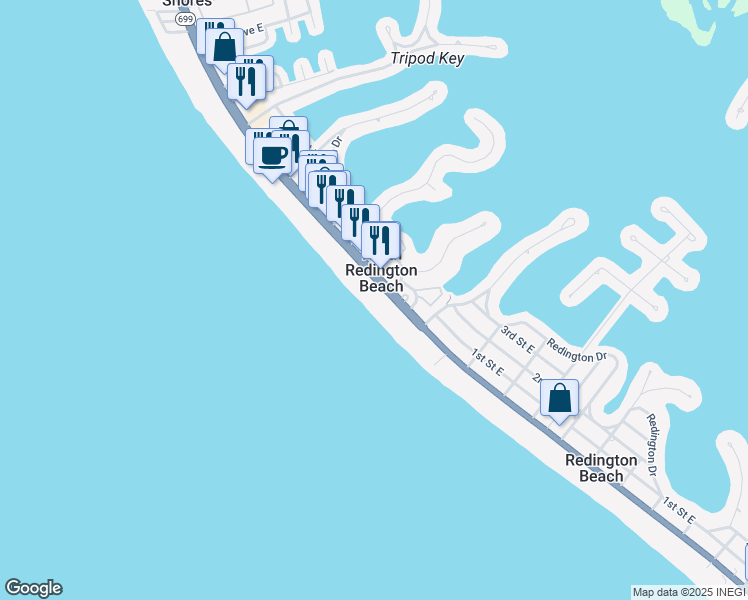 map of restaurants, bars, coffee shops, grocery stores, and more near 16500 Gulf Boulevard in North Redington Beach