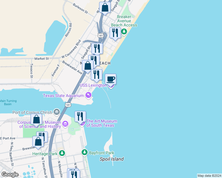 map of restaurants, bars, coffee shops, grocery stores, and more near 2914 North Shoreline Boulevard in Corpus Christi