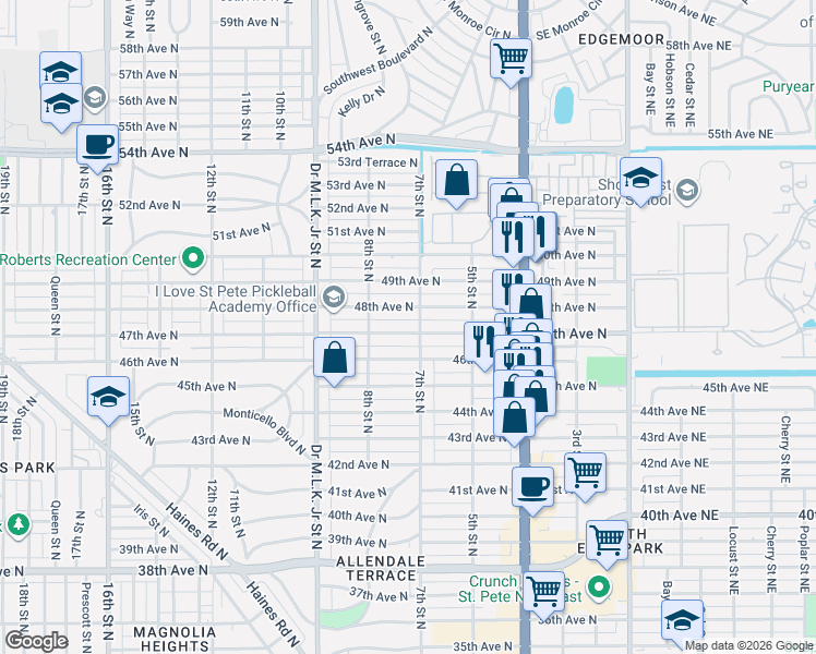 map of restaurants, bars, coffee shops, grocery stores, and more near 721 47th Avenue North in St. Petersburg