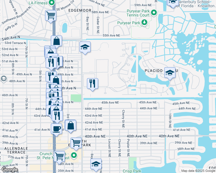 map of restaurants, bars, coffee shops, grocery stores, and more near 4675 Waterford Court in St. Petersburg