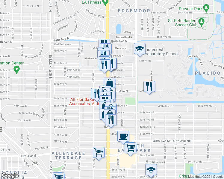 map of restaurants, bars, coffee shops, grocery stores, and more near 366 47th Avenue North in St. Petersburg