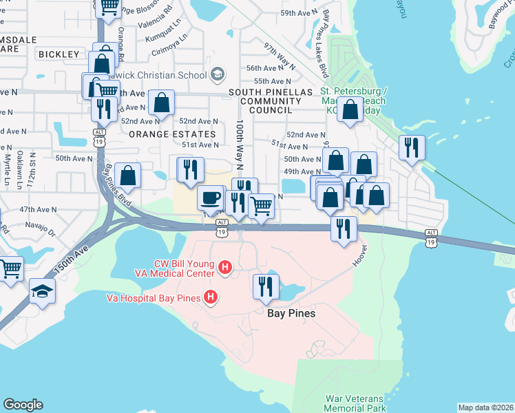 map of restaurants, bars, coffee shops, grocery stores, and more near 9945 47th Avenue North in St. Petersburg