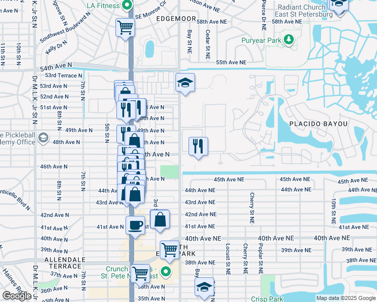 map of restaurants, bars, coffee shops, grocery stores, and more near 135 47th Avenue Northeast in St. Petersburg