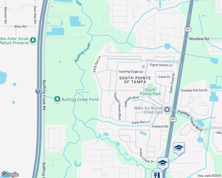 map of restaurants, bars, coffee shops, grocery stores, and more near 12332 Hawkeye Point Place in Riverview