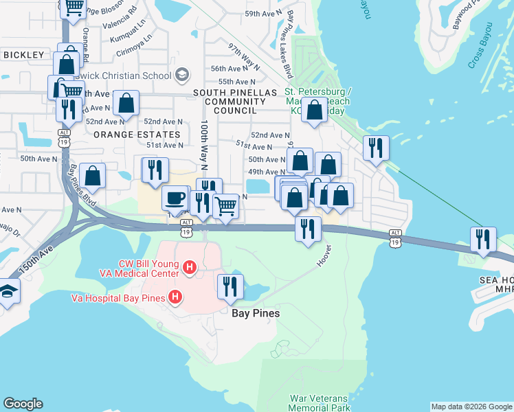 map of restaurants, bars, coffee shops, grocery stores, and more near 9797 Bay Pines Boulevard in St. Petersburg