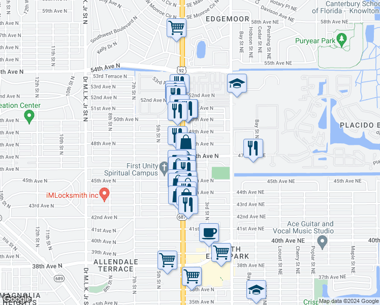 map of restaurants, bars, coffee shops, grocery stores, and more near 366 47th Avenue North in St. Petersburg