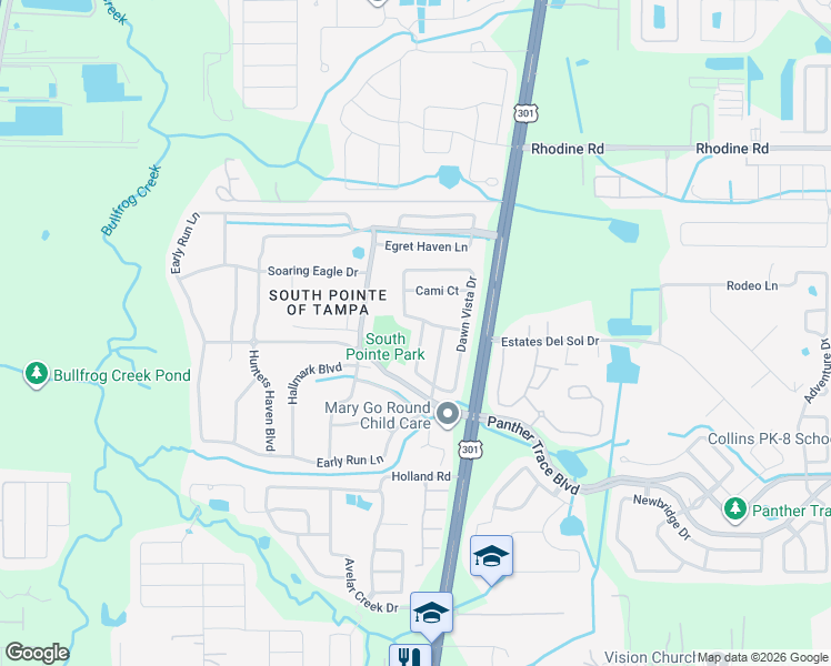 map of restaurants, bars, coffee shops, grocery stores, and more near 12532 Dawn Vista Drive in Riverview