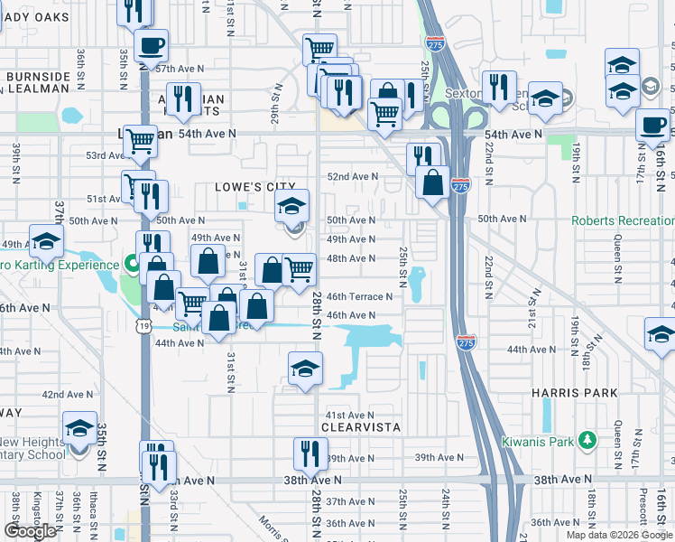map of restaurants, bars, coffee shops, grocery stores, and more near 2775 48th Avenue North in St. Petersburg