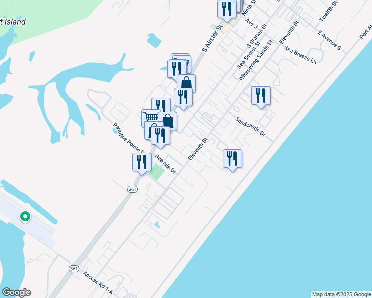 map of restaurants, bars, coffee shops, grocery stores, and more near 428 Chloe's Way in Port Aransas