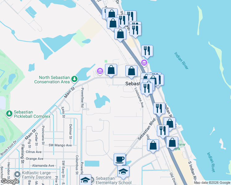 map of restaurants, bars, coffee shops, grocery stores, and more near 1056 Palmetto Avenue in Sebastian