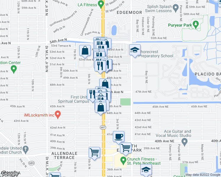 map of restaurants, bars, coffee shops, grocery stores, and more near 363 48th Avenue North in St. Petersburg