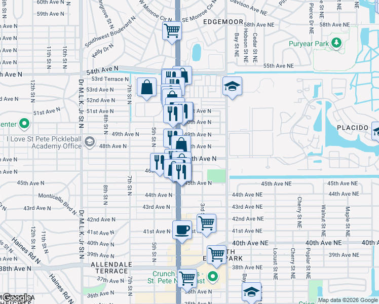 map of restaurants, bars, coffee shops, grocery stores, and more near 363 48th Avenue North in St. Petersburg