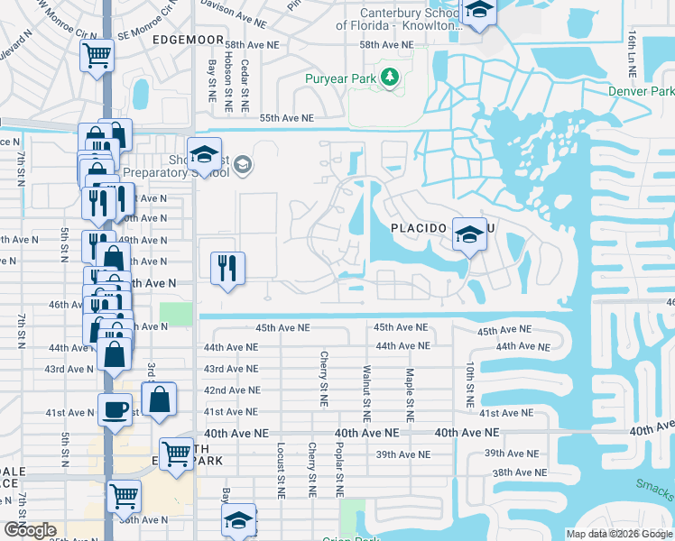 map of restaurants, bars, coffee shops, grocery stores, and more near 677 Segovia Court Northeast in St. Petersburg