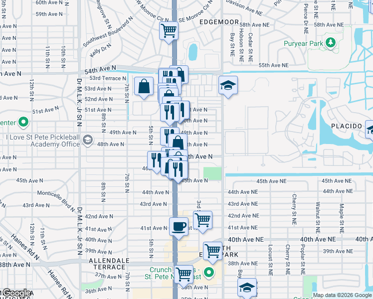 map of restaurants, bars, coffee shops, grocery stores, and more near 363 48th Avenue North in St. Petersburg