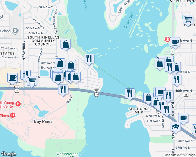 map of restaurants, bars, coffee shops, grocery stores, and more near Pinellas Trail in St. Petersburg
