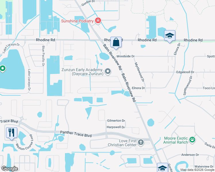 map of restaurants, bars, coffee shops, grocery stores, and more near 11826 Valhalla Woods Drive in Riverview