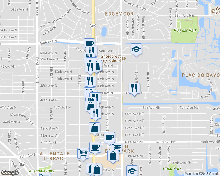map of restaurants, bars, coffee shops, grocery stores, and more near 4801 3rd Street North in St. Petersburg