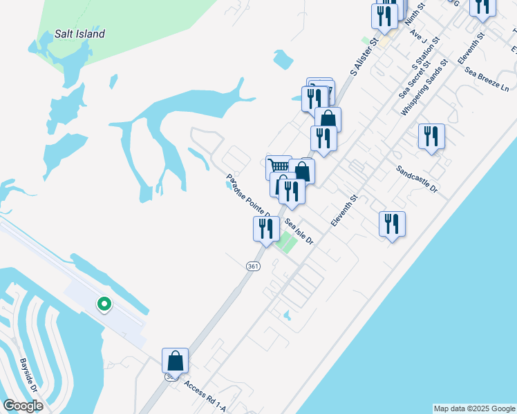 map of restaurants, bars, coffee shops, grocery stores, and more near 142 Paradise Pointe Drive in Port Aransas