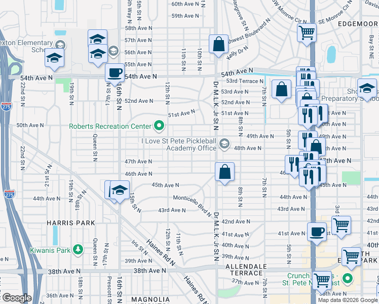 map of restaurants, bars, coffee shops, grocery stores, and more near 1000 48th Avenue North in St. Petersburg