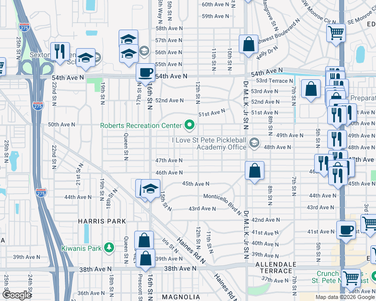 map of restaurants, bars, coffee shops, grocery stores, and more near 1221 48th Avenue North in St. Petersburg