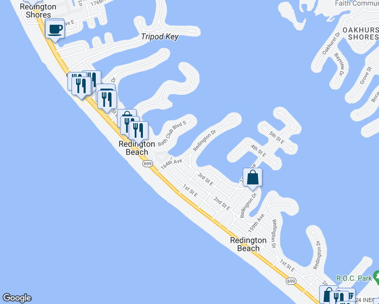 map of restaurants, bars, coffee shops, grocery stores, and more near 16448 Redington Drive in Redington Beach
