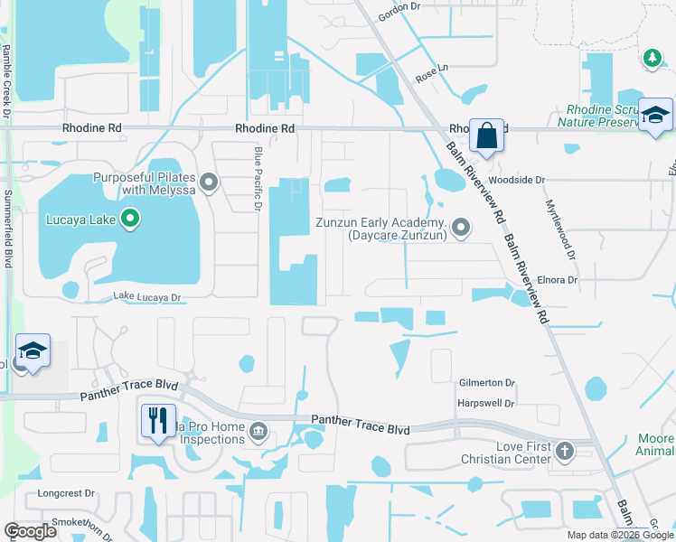 map of restaurants, bars, coffee shops, grocery stores, and more near 11733 Rhodine Road in Riverview