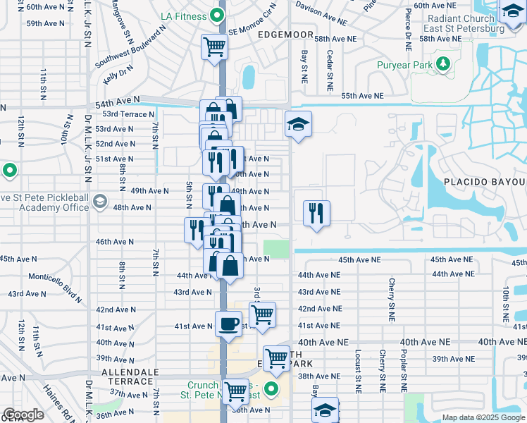 map of restaurants, bars, coffee shops, grocery stores, and more near 4801 3rd Street North in St. Petersburg