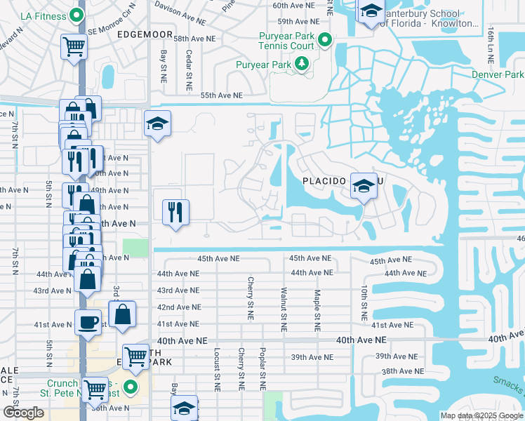 map of restaurants, bars, coffee shops, grocery stores, and more near 677 Segovia Court Northeast in St. Petersburg