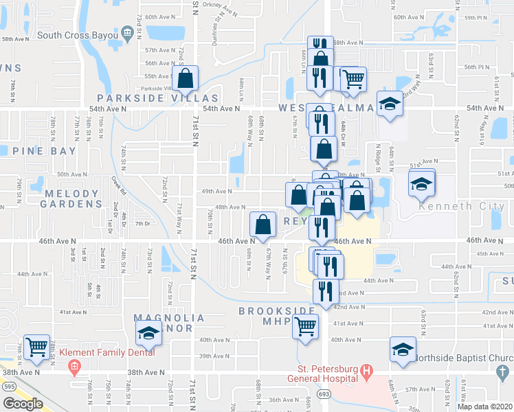map of restaurants, bars, coffee shops, grocery stores, and more near 4875 68th Street North in St. Petersburg