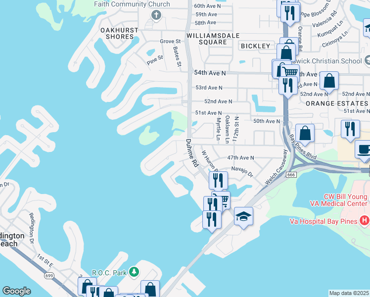 map of restaurants, bars, coffee shops, grocery stores, and more near 4780 Cove Circle in St. Petersburg