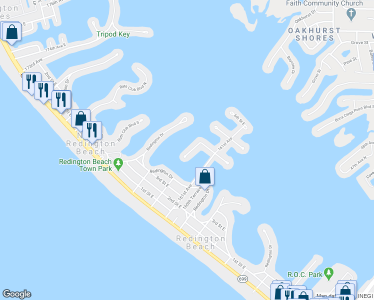 map of restaurants, bars, coffee shops, grocery stores, and more near 16131 4th Street East in Redington Beach