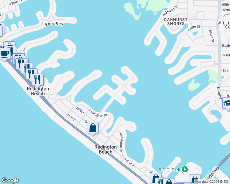 map of restaurants, bars, coffee shops, grocery stores, and more near 16107 4th Street East in Redington Beach