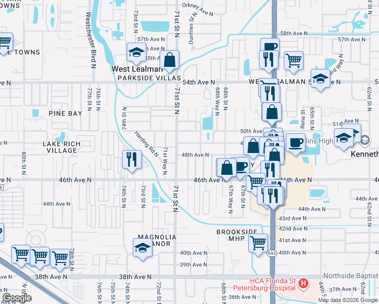 map of restaurants, bars, coffee shops, grocery stores, and more near 6930 49th Avenue North in St. Petersburg