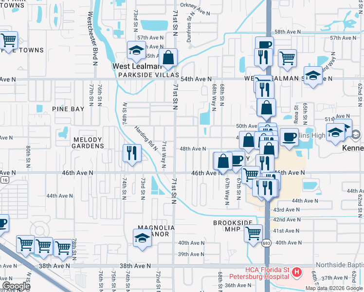 map of restaurants, bars, coffee shops, grocery stores, and more near 6930 49th Avenue North in St. Petersburg