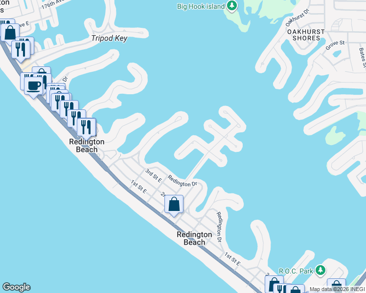 map of restaurants, bars, coffee shops, grocery stores, and more near 16125 4th Street East in Redington Beach