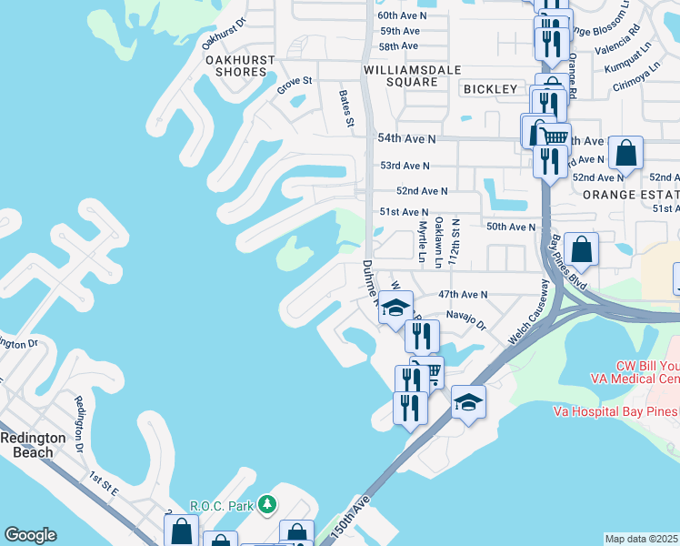 map of restaurants, bars, coffee shops, grocery stores, and more near 4740 114th Street North in Saint Petersburg
