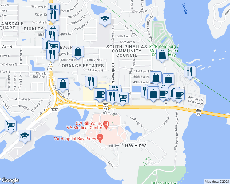 map of restaurants, bars, coffee shops, grocery stores, and more near 10053 48th Avenue North in St. Petersburg