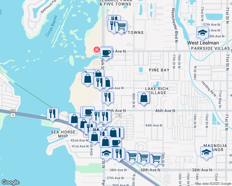 map of restaurants, bars, coffee shops, grocery stores, and more near 8185 48th Avenue North in Saint Petersburg