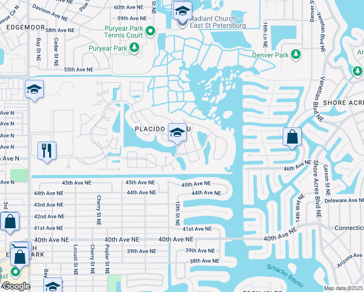 map of restaurants, bars, coffee shops, grocery stores, and more near 4827 Queen Palm Terrace Northeast in St. Petersburg