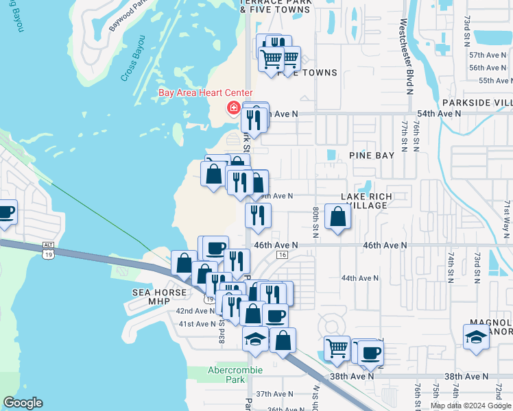 map of restaurants, bars, coffee shops, grocery stores, and more near 4857 Park Street North in St. Petersburg