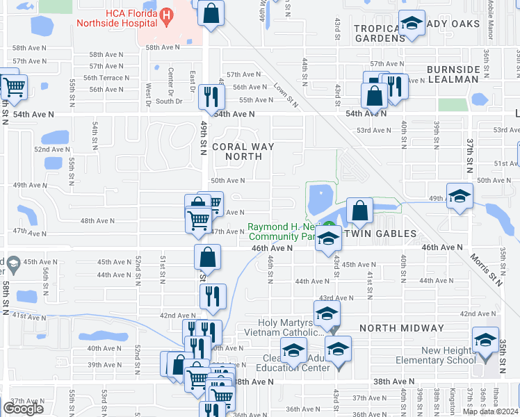 map of restaurants, bars, coffee shops, grocery stores, and more near 4655 48th Avenue North in Saint Petersburg