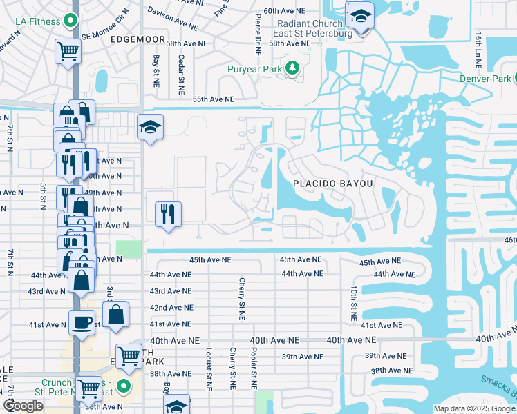 map of restaurants, bars, coffee shops, grocery stores, and more near 677 Segovia Court Northeast in St. Petersburg