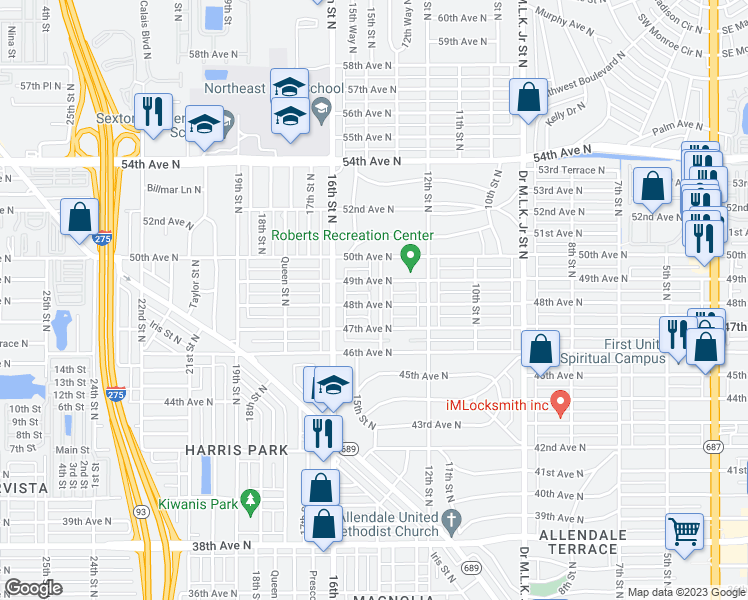 map of restaurants, bars, coffee shops, grocery stores, and more near 1401 48th Avenue North in Saint Petersburg