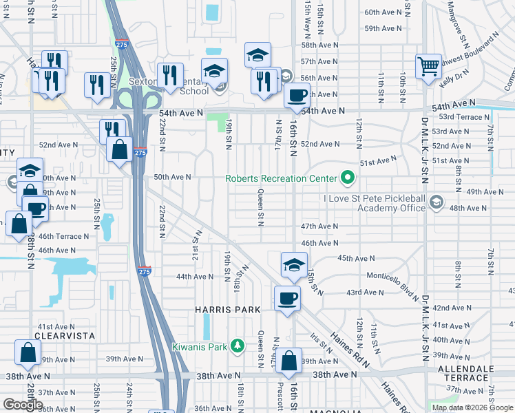 map of restaurants, bars, coffee shops, grocery stores, and more near 1735 48th Avenue North in Saint Petersburg
