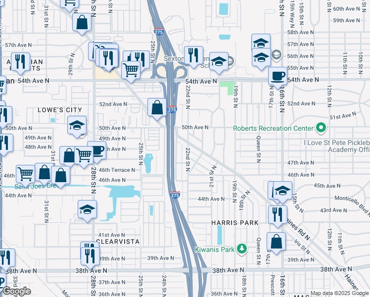 map of restaurants, bars, coffee shops, grocery stores, and more near 4810 22nd Street North in St. Petersburg