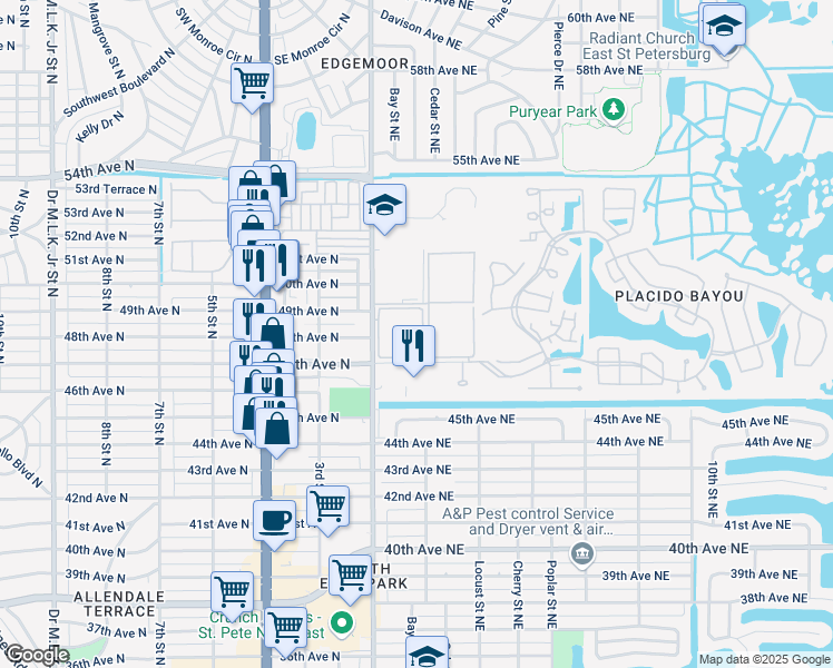 map of restaurants, bars, coffee shops, grocery stores, and more near 4705 1st Street Northeast in St. Petersburg